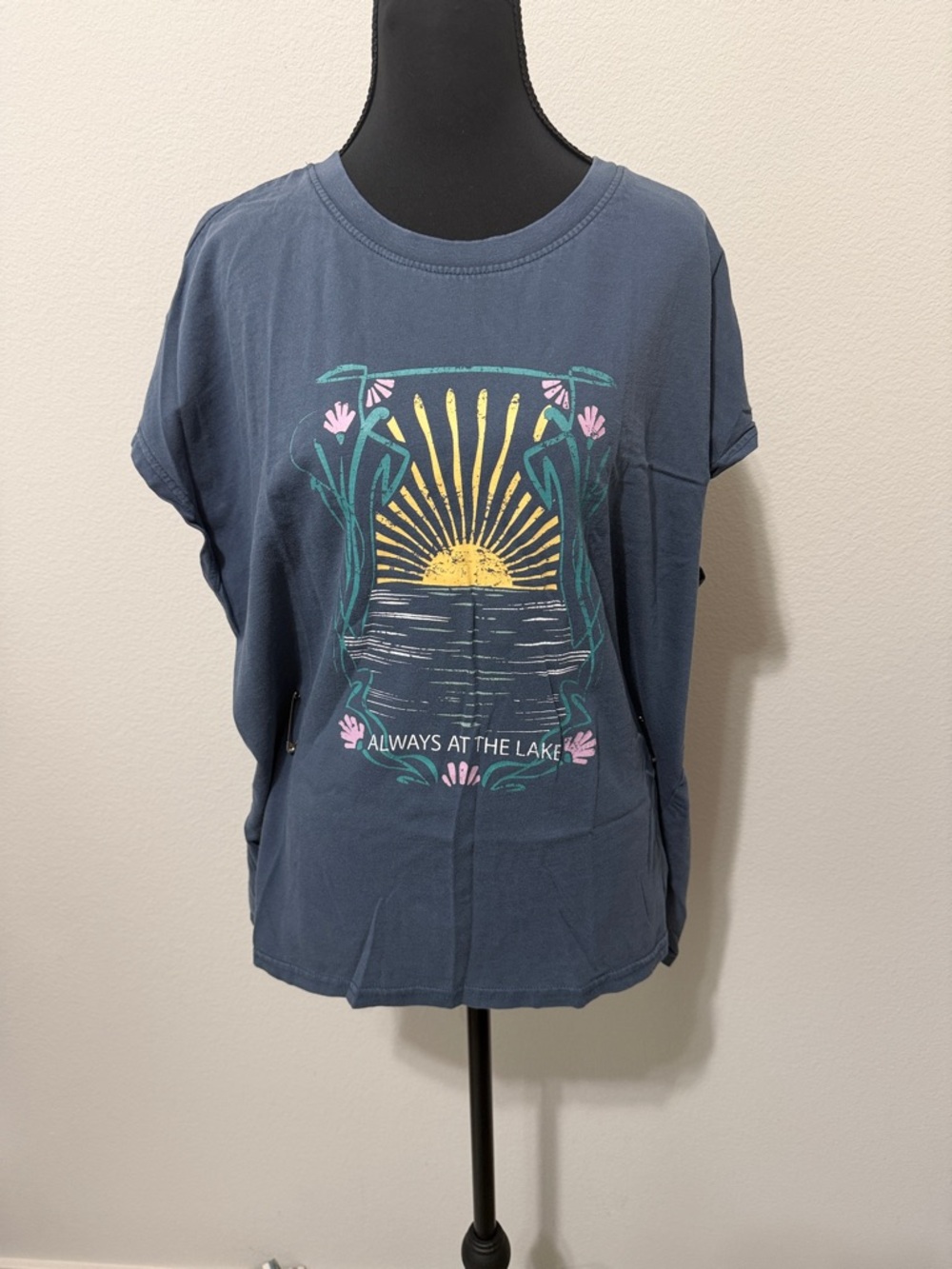 CeCe Relaxed fit Navy Graphic 'Always at the Lake' Short Sleeve Tee
